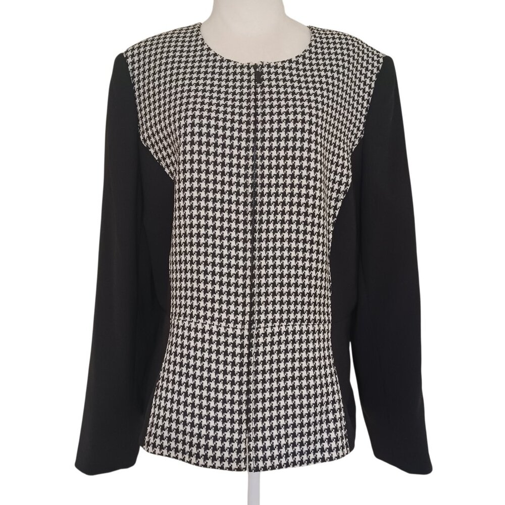 Zip Front Houndstooth Blazer Black White Tahari 16